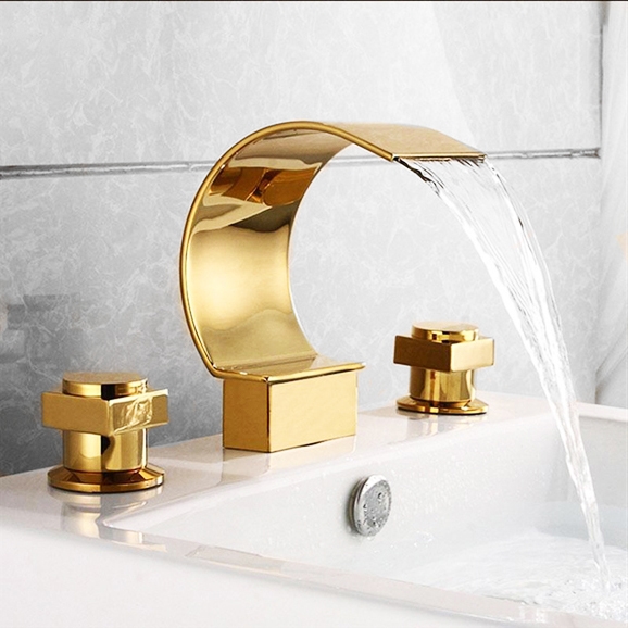 Gold Polished Waterfall Bathroom Tub Faucet Widespread 3 Holes Basin Mixer Tap